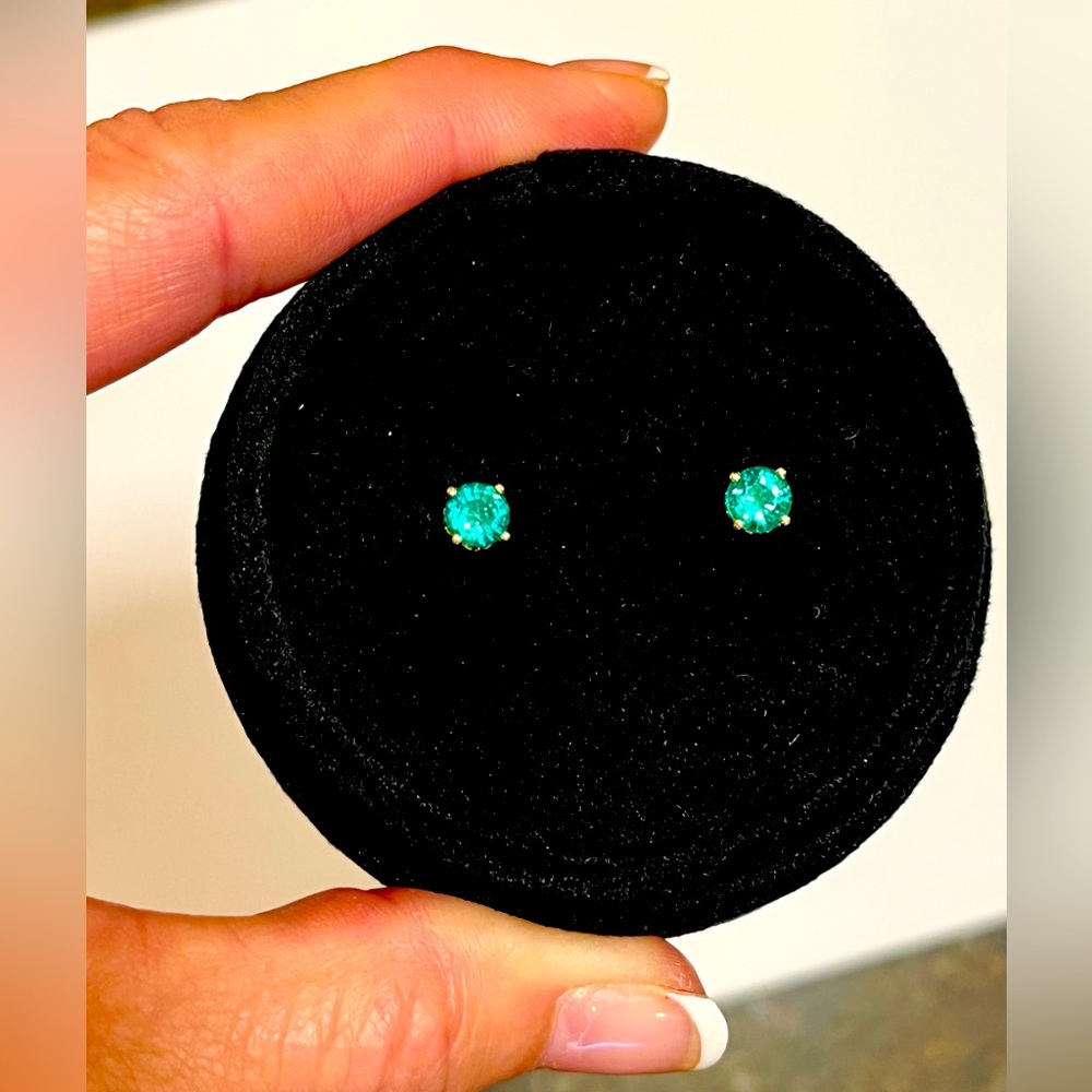 EMERALD STUDS—GORGEOUS TO THE MAX—ROUND .97 TCW UNTREATED-NO HEAT EMERALDS 14KT - Picture 1 of 15